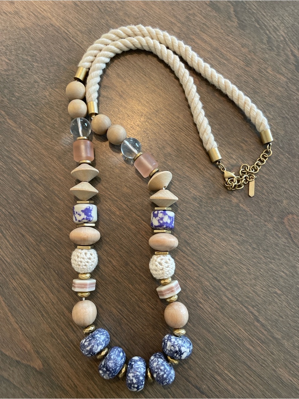 Stella & Dot Beaded Rope Necklace with Blue Speckled and Cream Accents